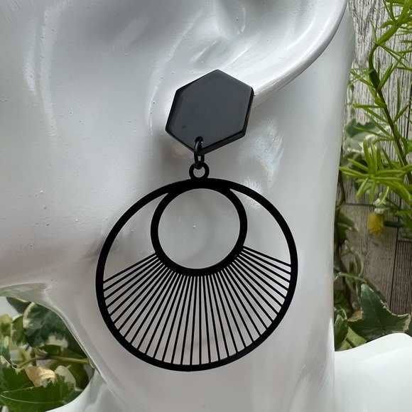 Black Art Deco Geometric Classic Dangle Earrings - Minimalist Statement Earrings - Picture 6 of 14